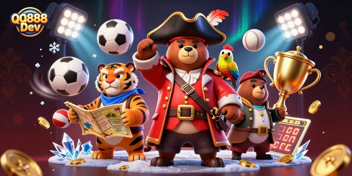 Engaging scene showcasing QQ888 Dev with a cartoon pirate captain bear, fierce tiger, and golden parrot among dynamic sports betting elements.