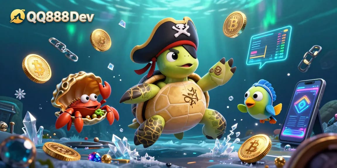Explore dynamic gambling with QQ888 Dev, where a pirate turtle and friends navigate treasures in a crypto-themed casino.