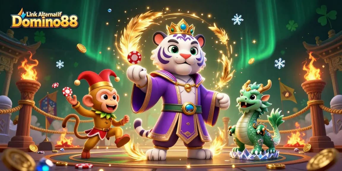 Engage with the Link Alternatif Domino88 illustration showcasing a lively casino scene with animated characters.