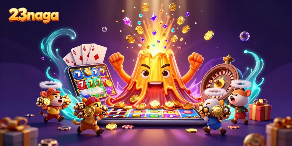 Engage with 23naga's vibrant slot adventure featuring a golden volcano and treasure-fleeing animals.