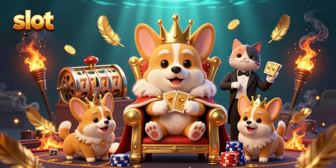 Spin to win at slot games with a regal corgi and futuristic decor, showcasing excitement and rewards.