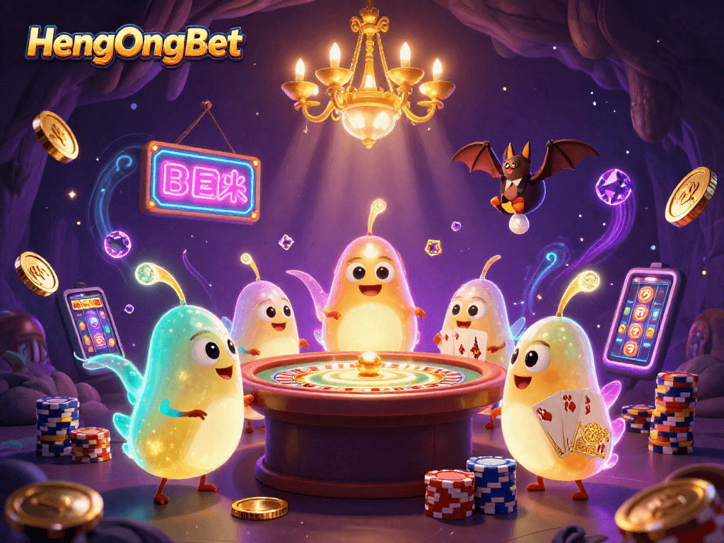 Experience the excitement of HengOngBet with glowworms illuminating a vibrant casino scene full of action.
