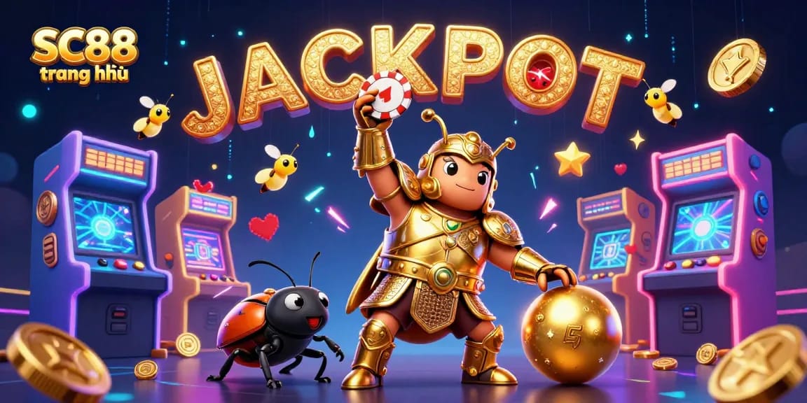 Experience online gaming with SC88 trang chủ, featuring a victorious beetle and dazzling casino elements.