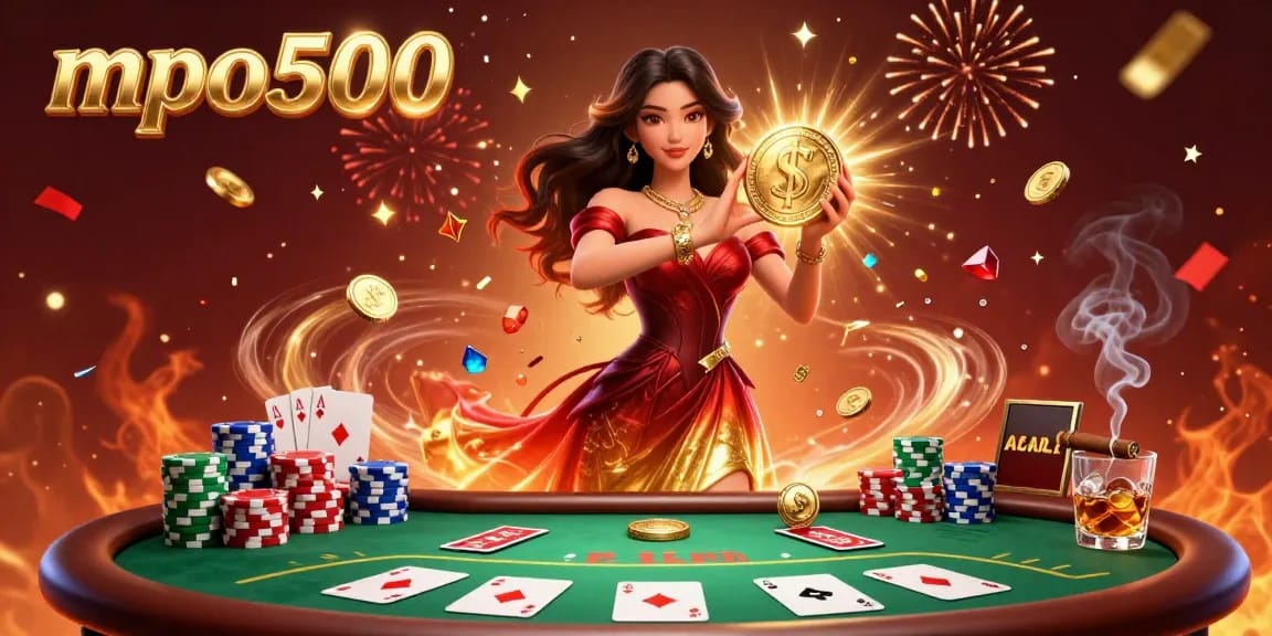 Play poker and win big with mpo500 in an electrifying casino scene featuring gold coins and action.