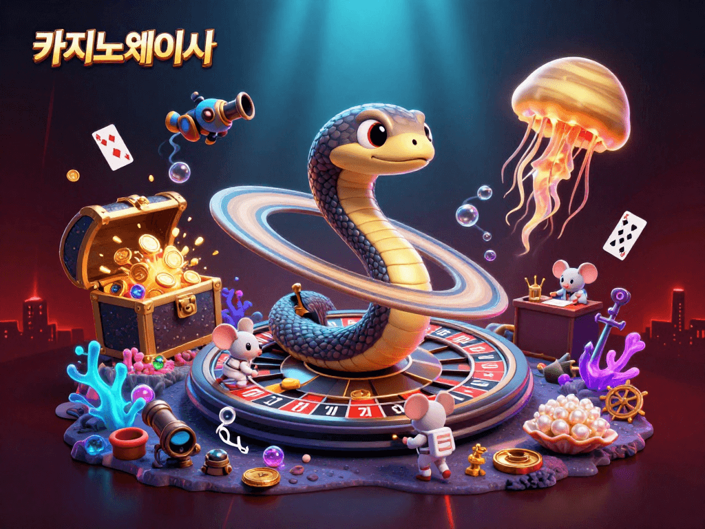 카지노사이트에서 슬롯과 바카라 테이블을 배경으로 한 별과 역동적인 우주 캐릭터들의 모습입니다.