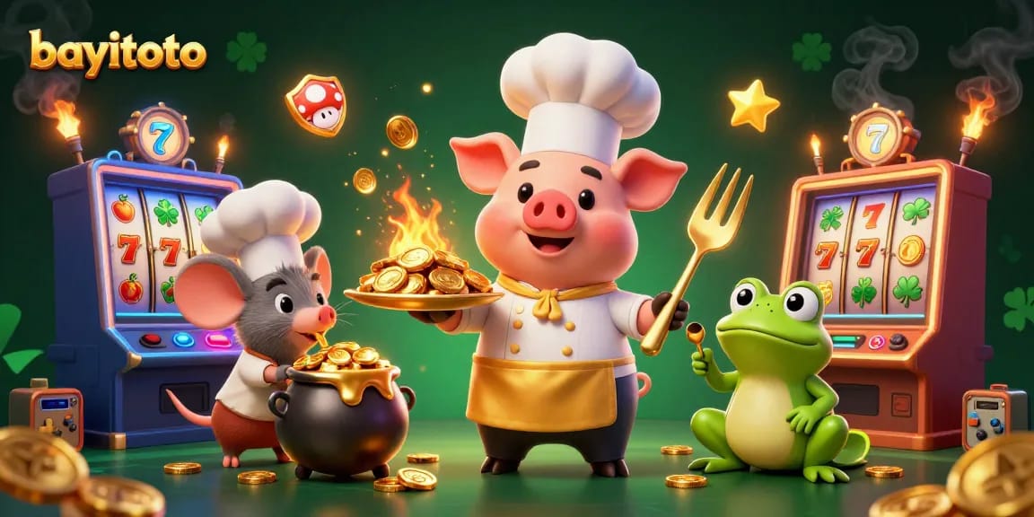 Experience bayitoto with a vibrant scene of characters enjoying casino slots and gold coins.