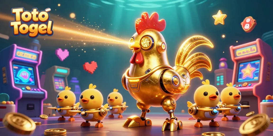 Visualisasi Toto Togel dengan robot ayam dan drone, keseruan permainan kasino ditampilkan.
