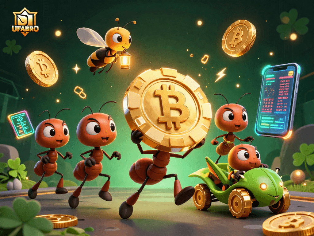 Experience the thrilling UFABRO gaming action with playful ants on a heist surrounded by glowing cryptocurrencies.