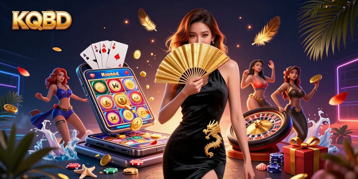 KQBD showcases an elegant Asian woman amidst dazzling casino themes and gaming elements, symbolizing the excitement of sports betting.