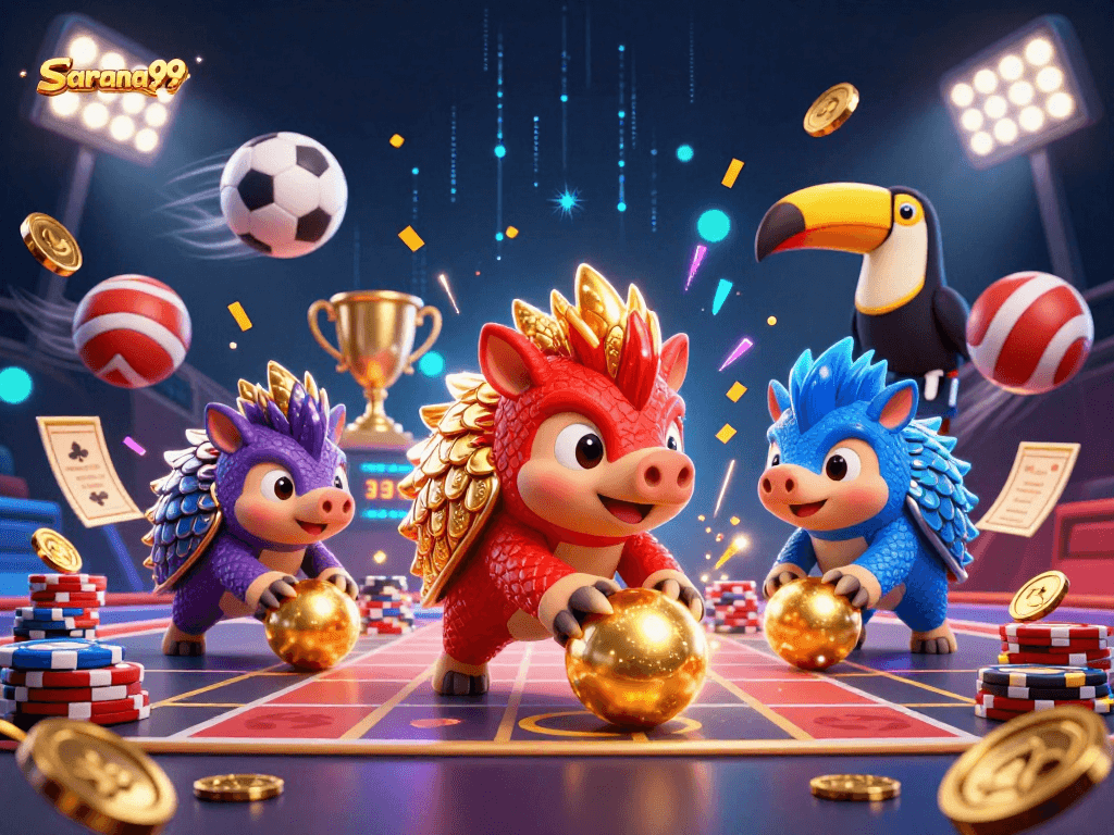 Experience casino excitement with sarana99 as pangolins compete amidst poker chips and sports elements.