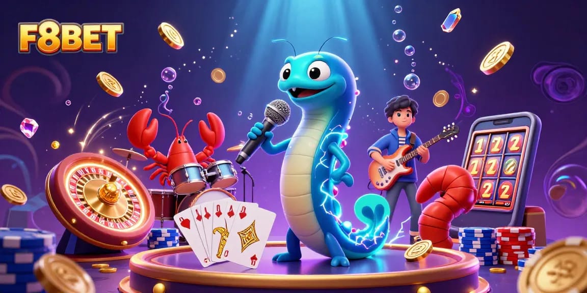 Experience thrilling gameplay at F8BET with an electric eel DJ and vibrant casino scene.