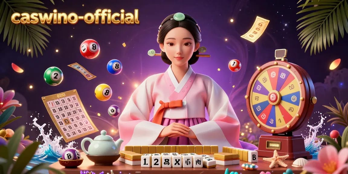 Engage with fun gaming elements in this vibrant scene at caswino-official featuring lottery balls and a bingo card.