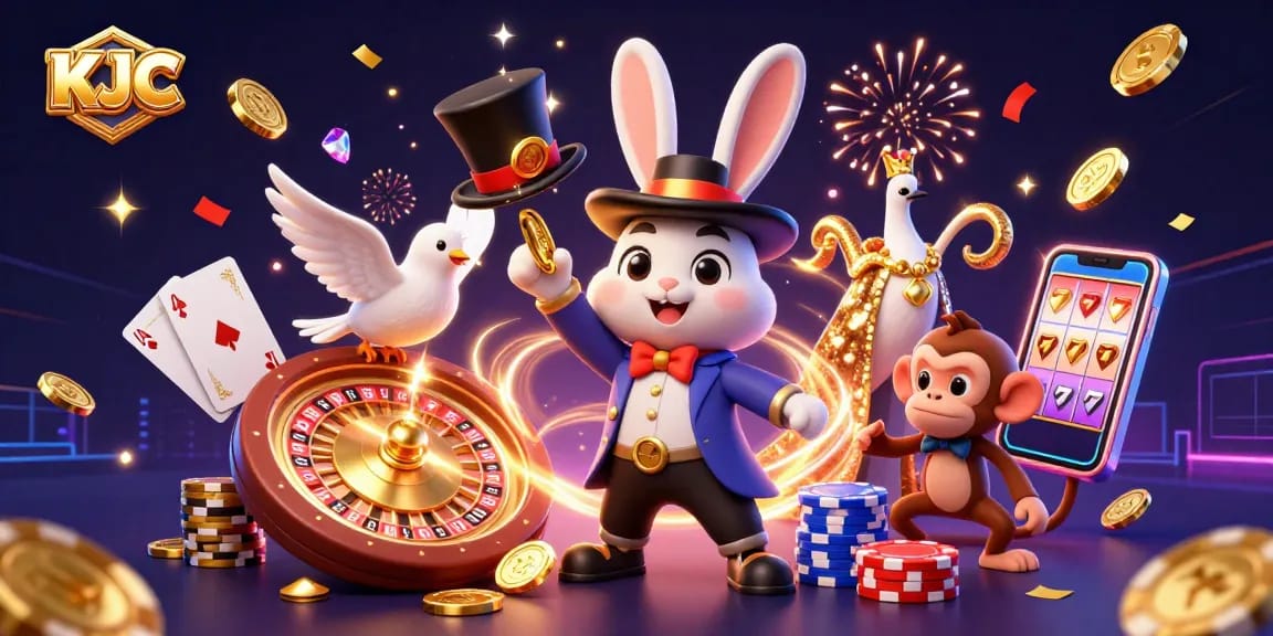 KJC showcases thrilling gambling action with a magician rabbit spinning coins and a mischievous monkey stealing poker chips.