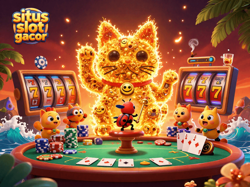 Engage with situs slot gacor as golden fireflies become a lucky cat amidst vibrant slot reels and poker elements.