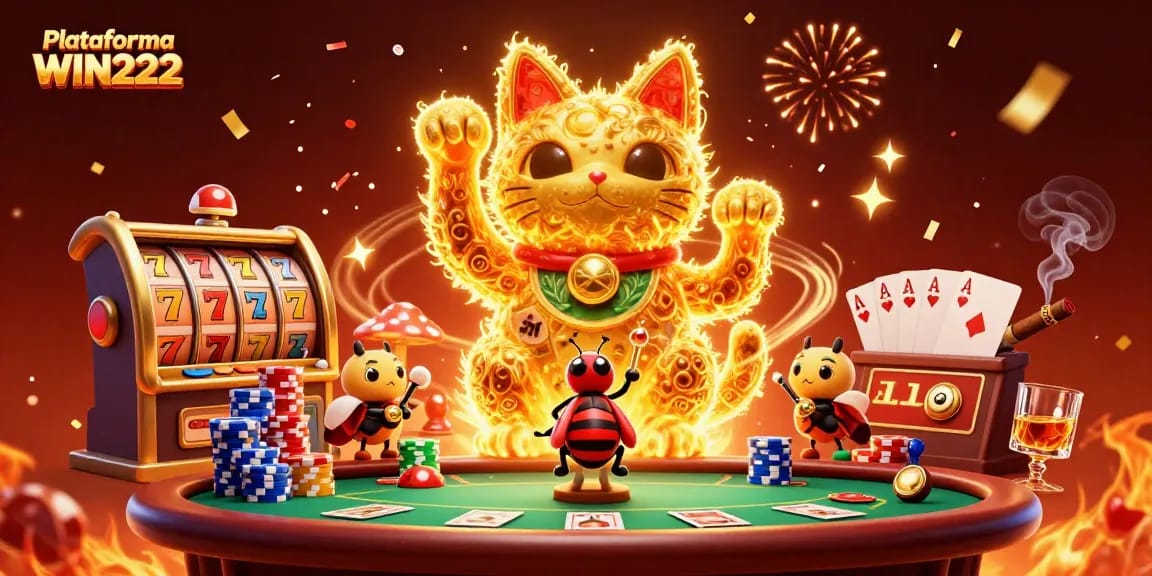 Engage with the exciting Plataforma WIN222 as golden fireflies and lucky symbols create a dazzling casino scene.