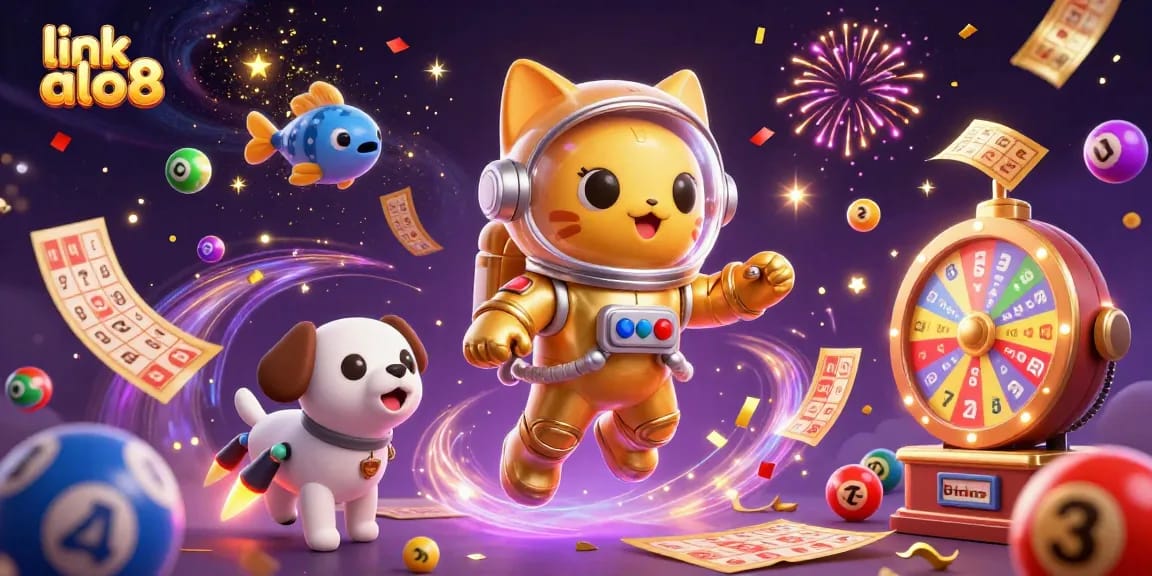 Experience the excitement of link alo8 with vibrant lottery elements and energetic 3D characters.