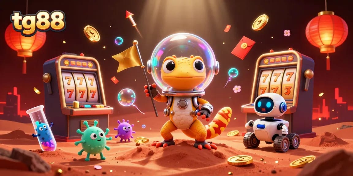 Play exciting slots with tg88 in a rich 3D scene featuring a Martian gecko and vibrant casino elements.