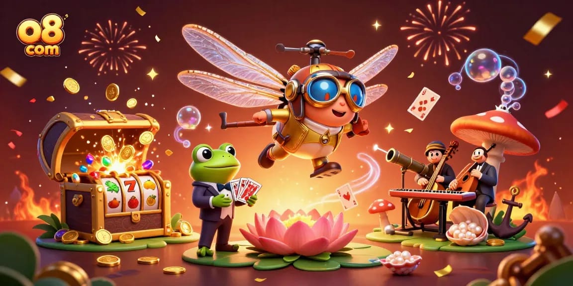 Place bets and win big at o8 com, featuring lively casino characters and vibrant gaming elements.