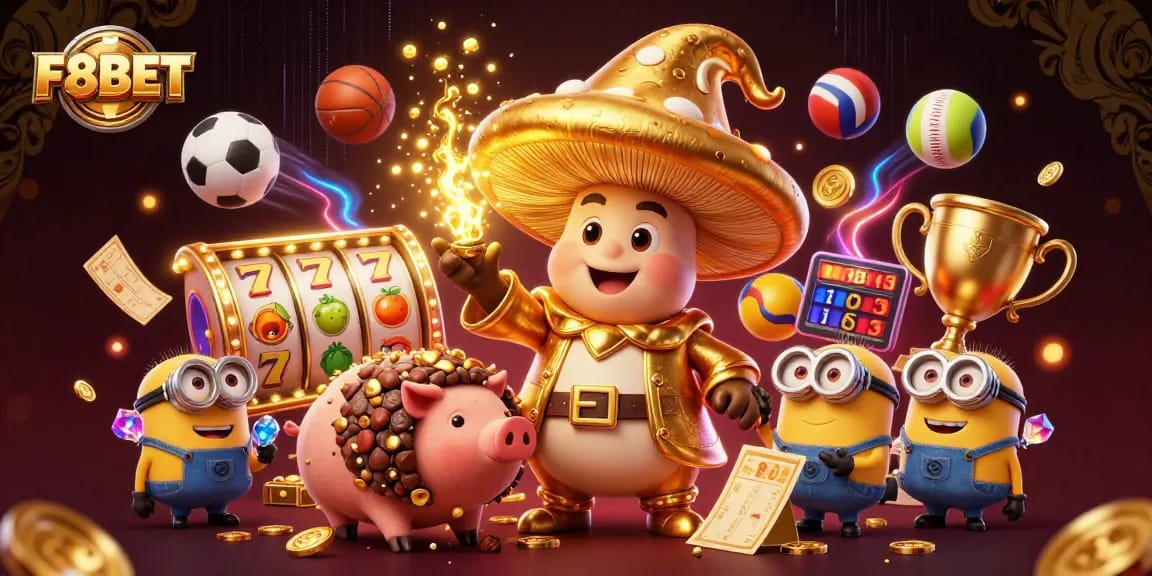 Experience excitement and winning magic with F8BET's colorful 3D casino illustration featuring golden treasures and vibrant games.