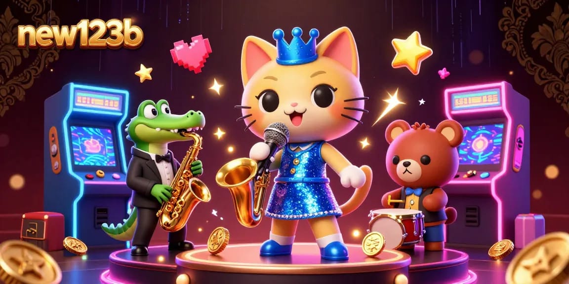Experience thrilling gameplay at new123b with dynamic cartoon characters in an exciting casino scene.