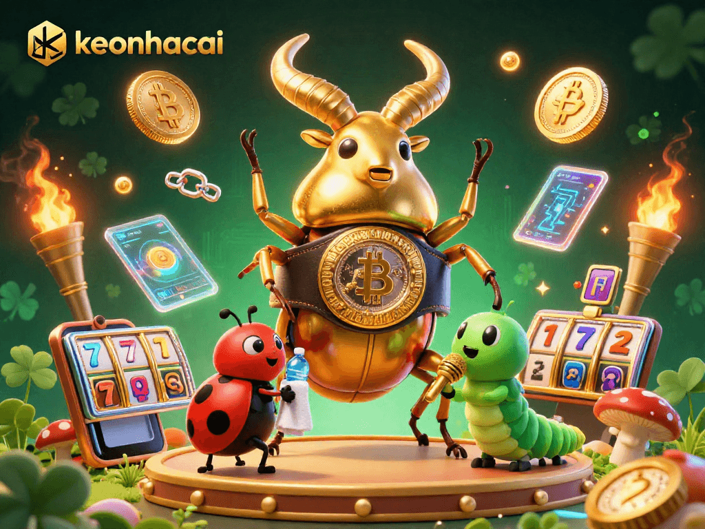 Engage with the vibrant keonhacai casino scene featuring cartoon beetles and crypto coins.