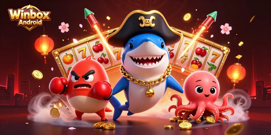 Unleash fun with the vibrant Winbox Android mobile app featuring entertaining characters and casino elements.