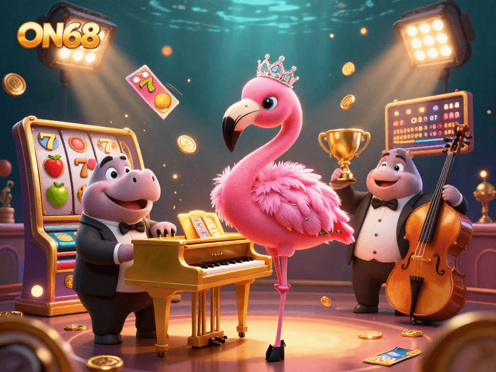Experience ON68's vibrant casino scene with a flamingo singer and dynamic gaming elements.