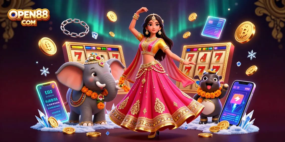 Join the excitement with OPEN88 COM as players spin the reels for thrilling jackpots in a vibrant casino setting.