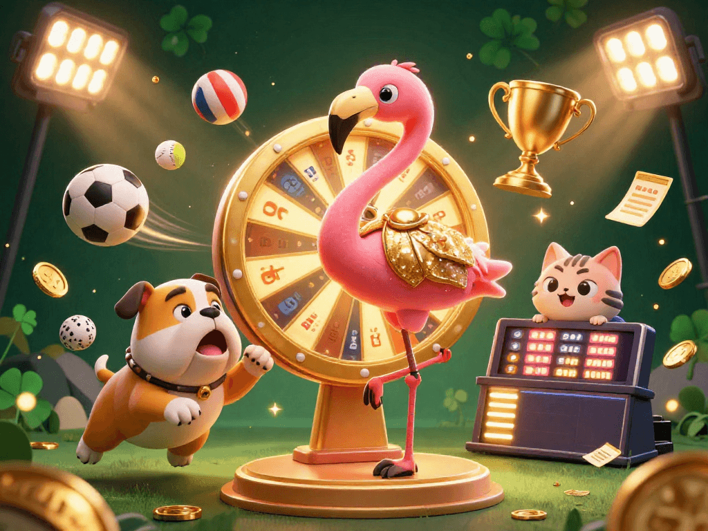 ku casino excitement with a flamingo host spinning the prize wheel and a bulldog contestant in a lively scene