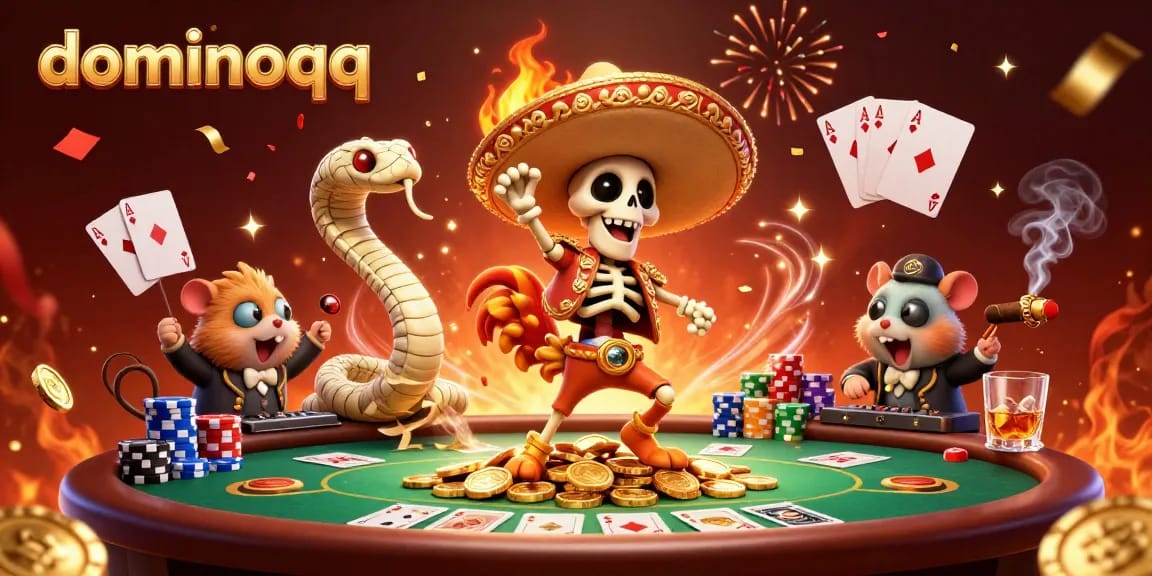 Experience massive wins with dominoqq while a skeleton mariachi dances amid poker chips and confetti.