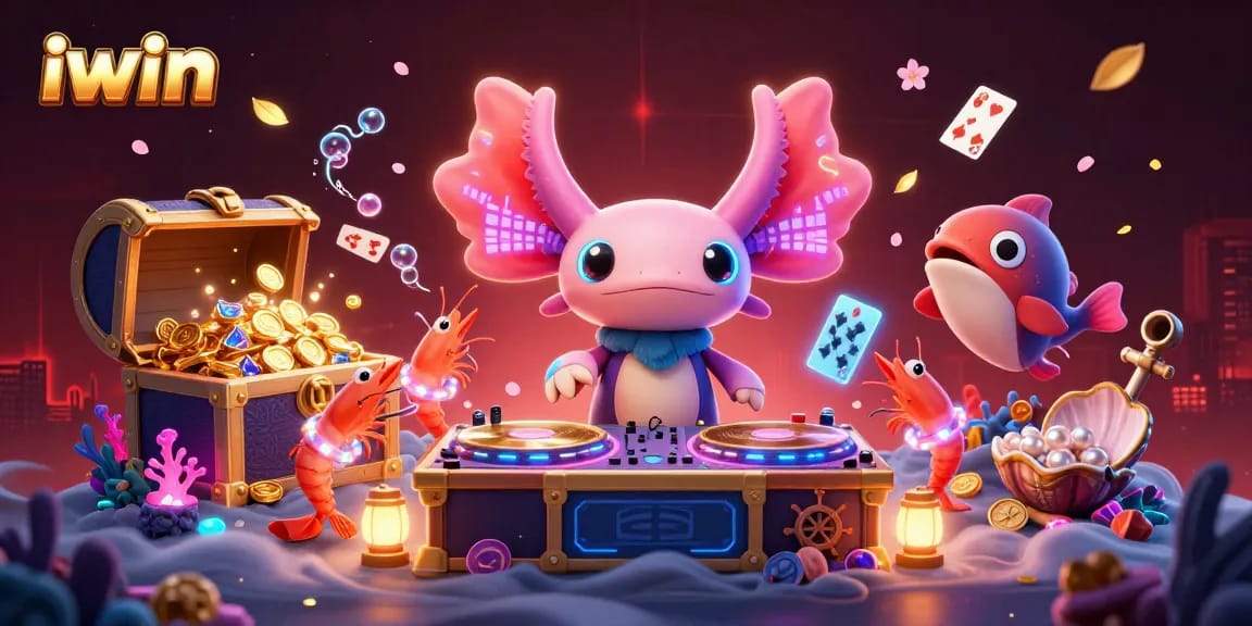 Experience the vibrant gaming world of iwin with an axolotl DJ and lively aquatic characters