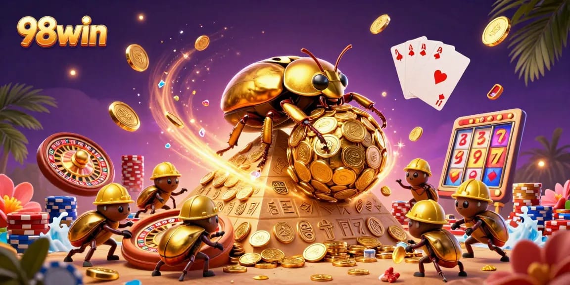Experience excitement at 98win with a golden beetle scene featuring dynamic casino elements.