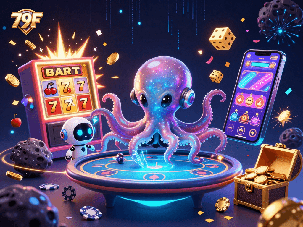 Explore o universo do 79F com um polvo alienígena vibrante e elementos de cassino intergaláctico.