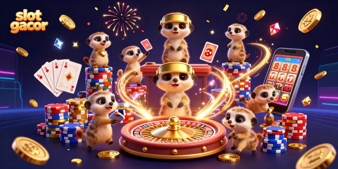 Experience the excitement of slot gacor with animated meerkats orchestrating a lively casino scene.