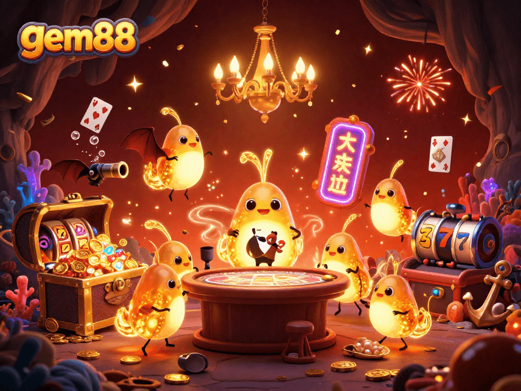 Experience the thrill of gem88 with glowing glowworms lighting up a vibrant cave casino scene.