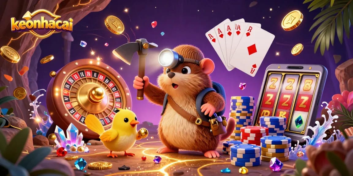 Engage in thrilling gameplay with keonhacai featuring a treasure hunter mole in a vibrant casino scene.
