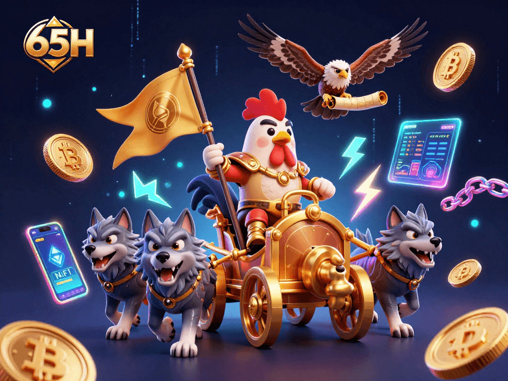 65H: Warlord de galo em carroça dourada com elementos de cassino e criptomoeda