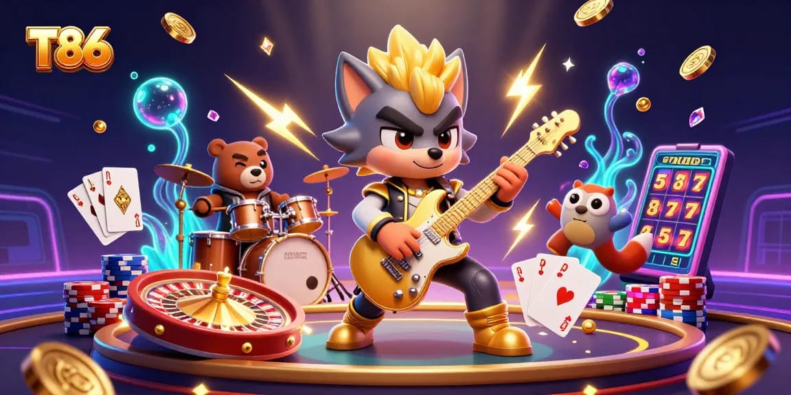 T86 sparks engagement with vibrant casino scene featuring jubilant characters and winning elements.