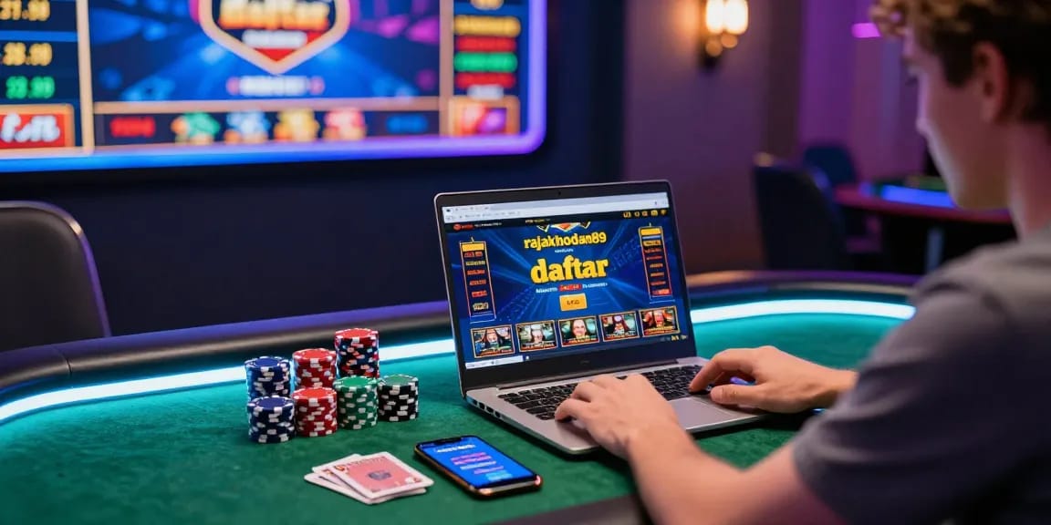 Engaging rajakhodam89 daftar online gambling scene with vibrant graphics and poker chips.