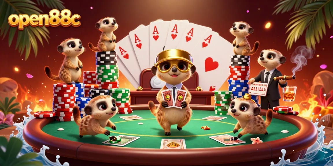 Experience the vibrant energy of open88c with playful meerkats in a high-stakes casino scene.