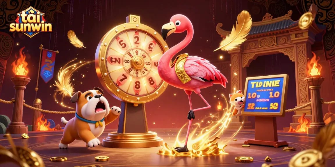 Spin to win with tải sunwin in this vibrant 3D gambling scene with game show elements and casino glamour.