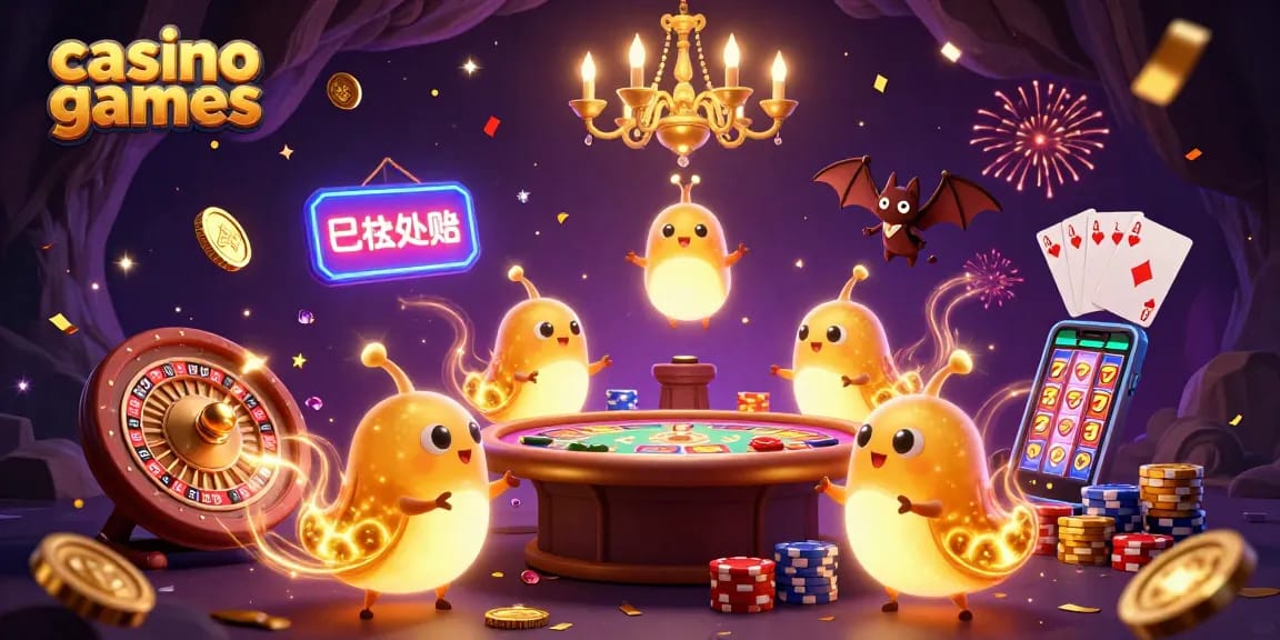 Experience thrilling casino games with glowworms illuminating a vibrant cave casino scene.