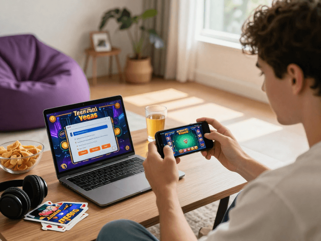Engaging scene of a young player enjoying the mobile version of Teen Patti Vegas in a cozy living room with vibrant game graphics.
