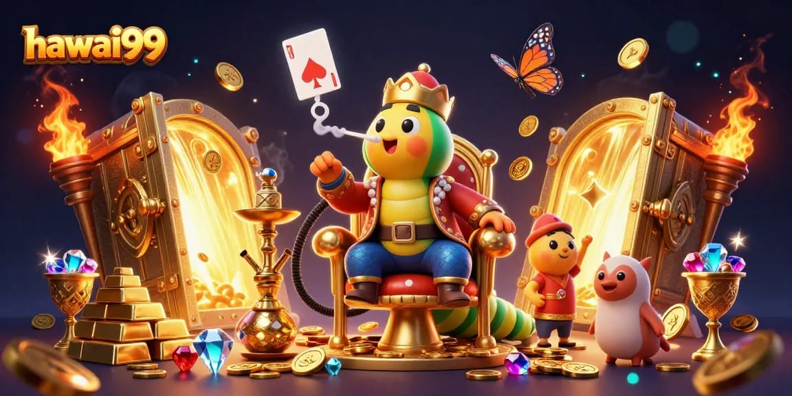 Experience hawai99 with a vibrant scene featuring a hookah-master amid piles of jewels and gold!