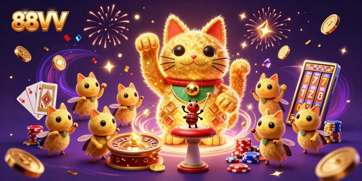 Experience vibrant gaming action with 88VV's dynamic lucky cat and casino symbols.