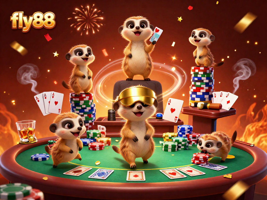 Engage with fly88's thrilling online casino experience, featuring lively meerkats enjoying poker action.
