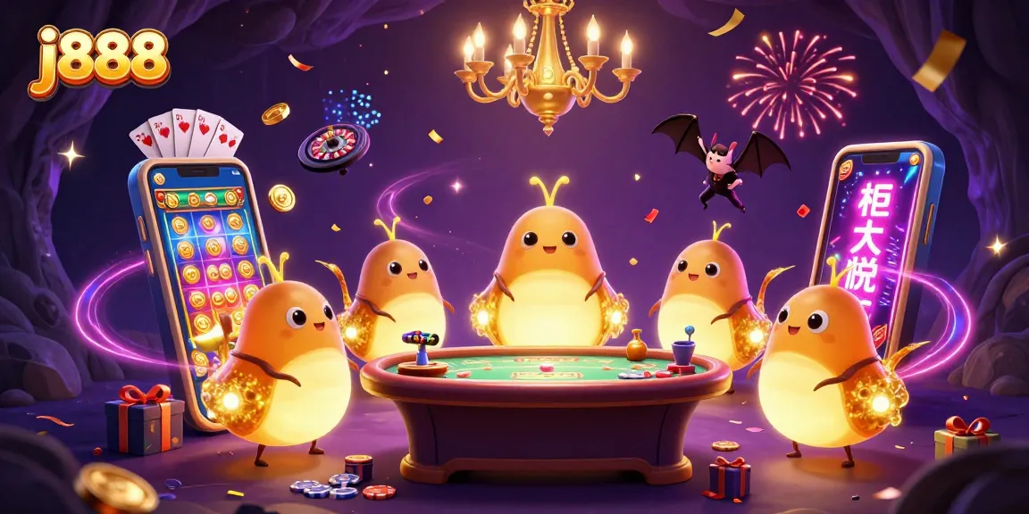 Engage in the vibrant j888 casino world with glowing glowworms and illuminated gaming elements.