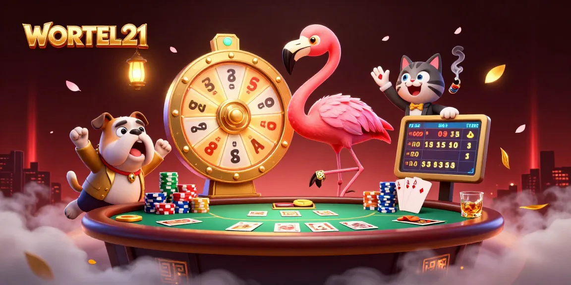 Experience the excitement at WORTEL21 with our lively 3D casino scene featuring poker elements and animated characters!