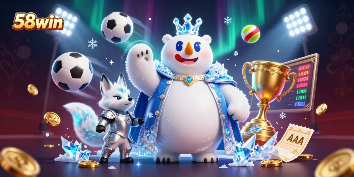 Engage with 58win's thrilling atmosphere as a cartoon ice king and snow fox dominate a dynamic sports betting scene.