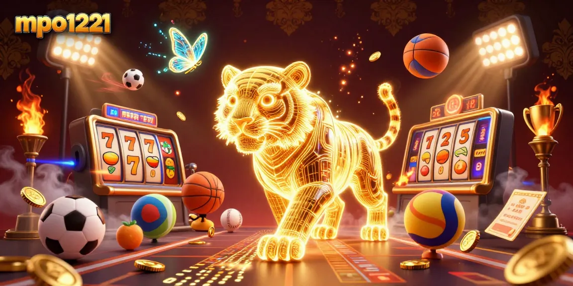 mpo1221 slot online menampilkan harimau emas bercahaya dalam lanskap kasino digital.